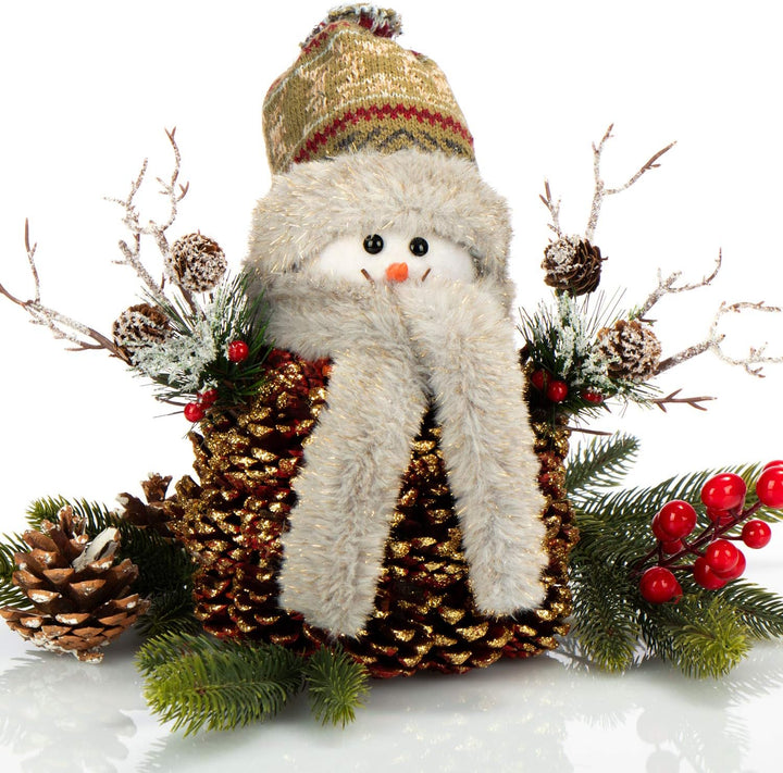 com-four® Schneemannfigur Grösse M Premium, winterliche Dekofigur mit Tannenzapfenkörper, Handmade l