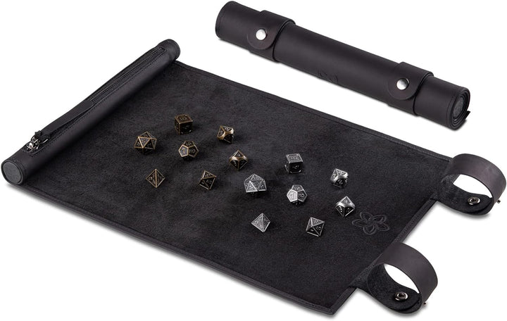 Melia Games RPG Würfelmatte zum Rollen inklusive Würfel Set - handgefertigte Würfelunterlage aus Ech