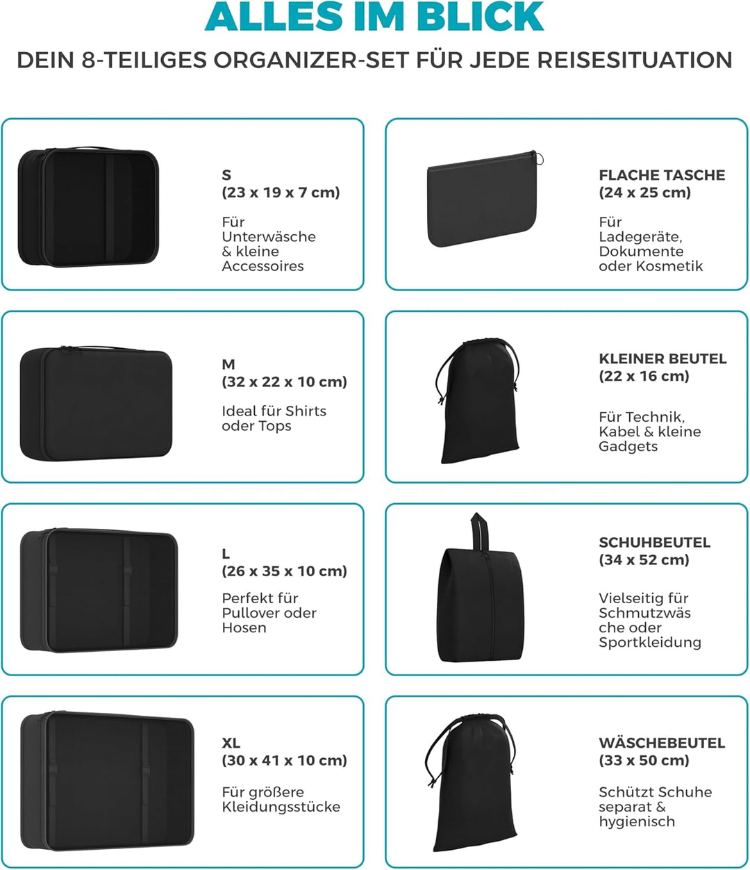 Yunik® Koffer Organizer Set 8-teilig schwarz – Kompressionstaschen für Kleidung, Schuhe &amp; Technik –