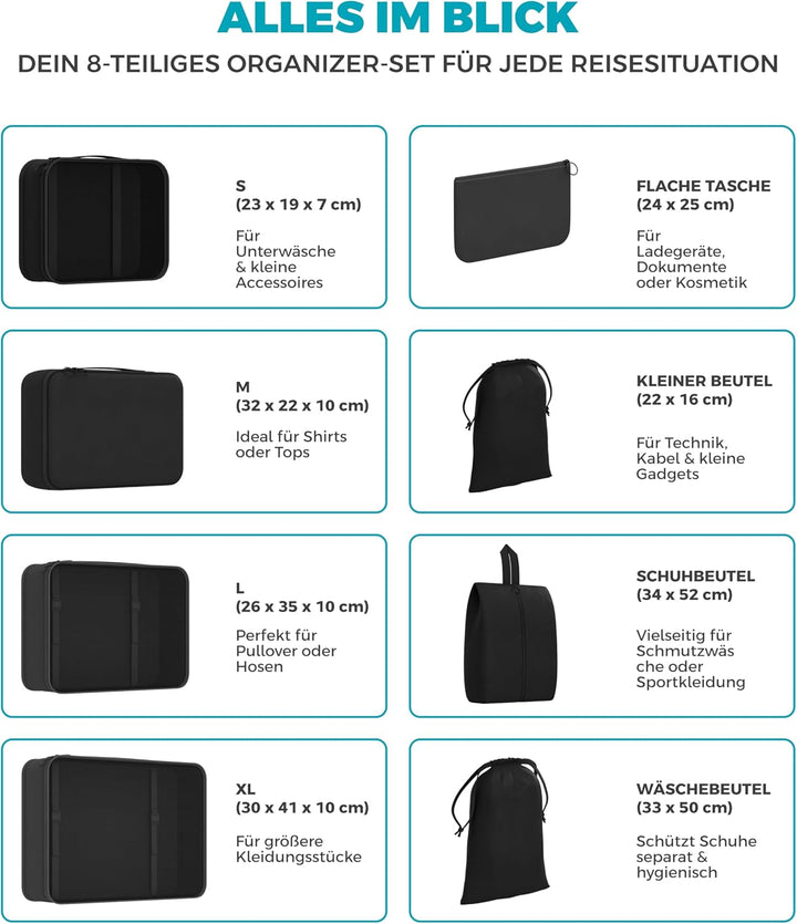 Yunik® Koffer Organizer Set 8-teilig schwarz – Kompressionstaschen für Kleidung, Schuhe &amp; Technik –