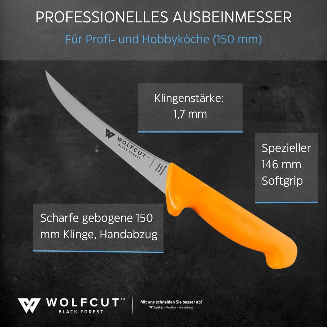 Wolfcut Gold Serie - Metzgermesser-Set 2-tlg. - Ausbeinmesser gebogene flex 15 cm Klinge und gerade
