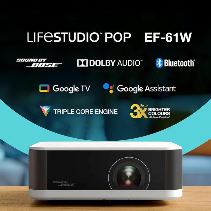 Epson Lifestudio Pop EF-61W Diamantweiss, tragbarer Smart-Projektor, Sound by Bose, Google TV, Full
