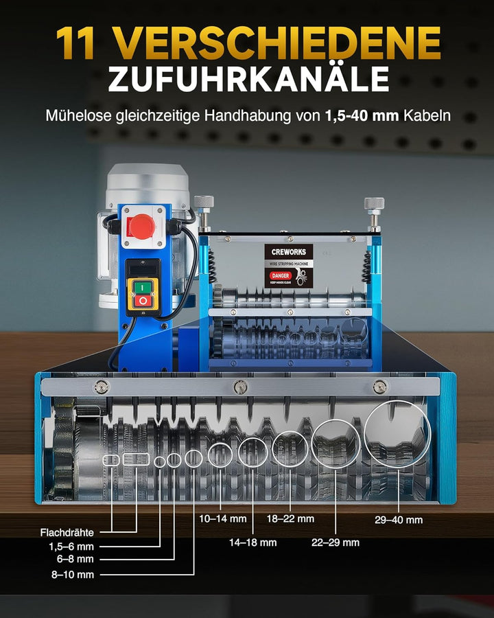 CREWORKS Elektrische Kabelabisoliermaschine 550W, 1,5-40 mm Kabelschälmaschine Automatisch, 11 Löche