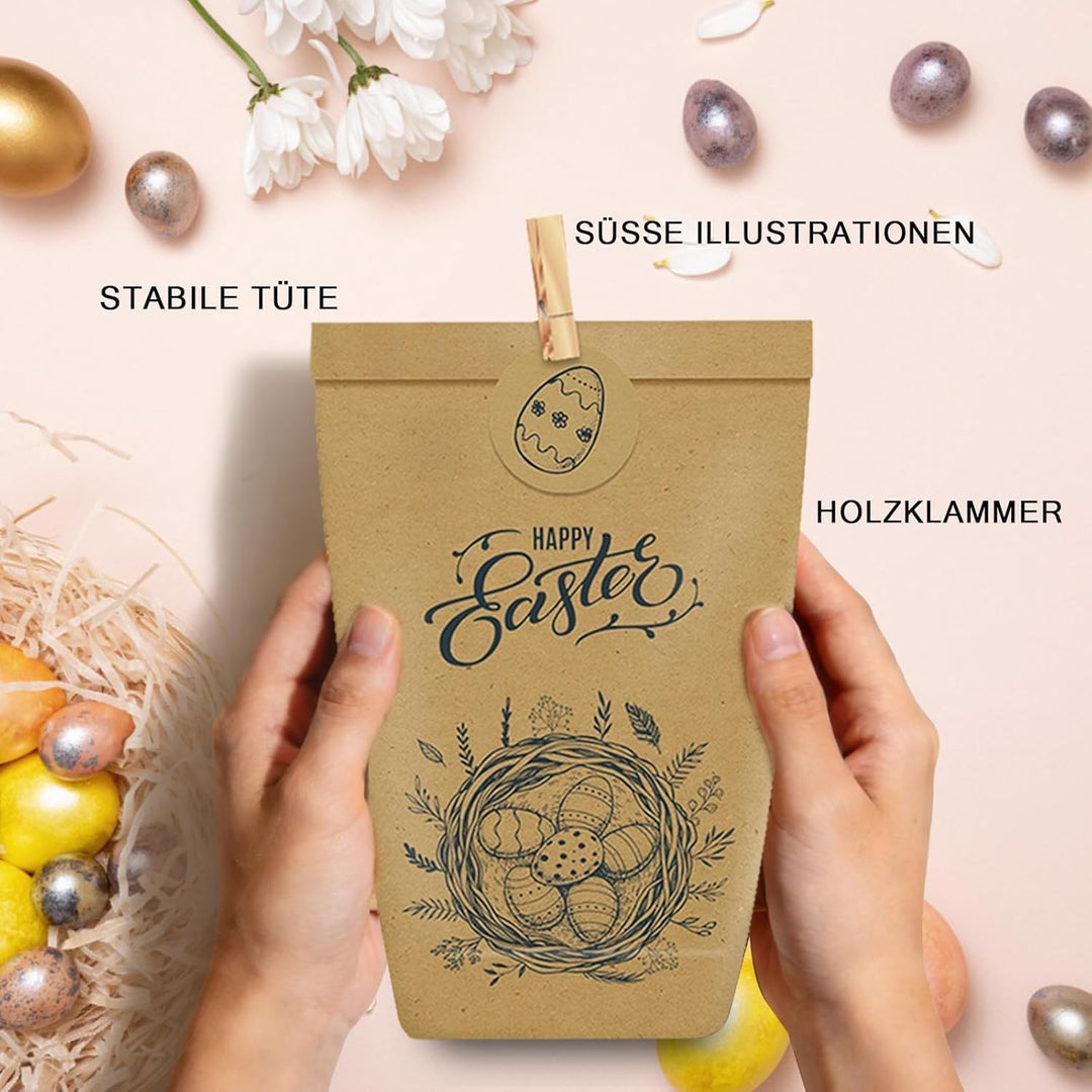 12 Stück Geschenktüten Ostern, Schwarz bedruckte Papiertüten mit Osterhasen, Papiertüten Ostern Oste