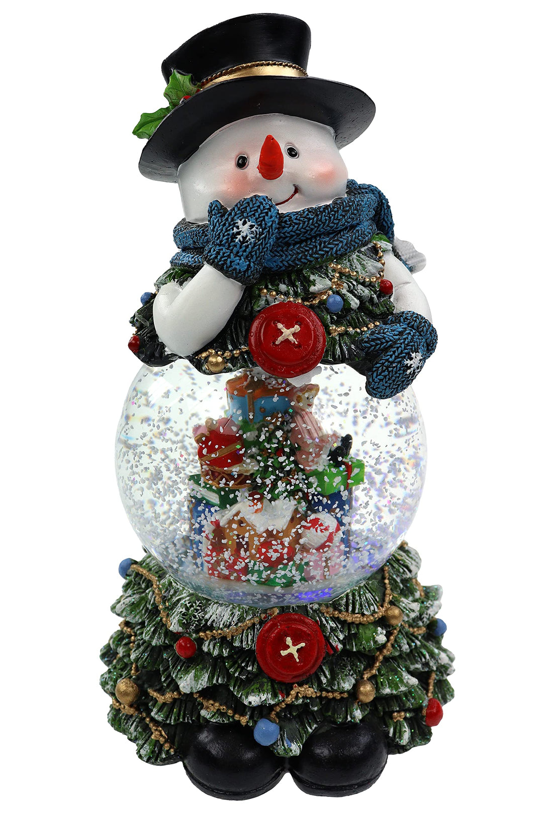 Schneekugel/Spieluhr 100mm, Schneemann und geschmückter Tannenbaum, Licht, Schneeantrieb, 23cm
