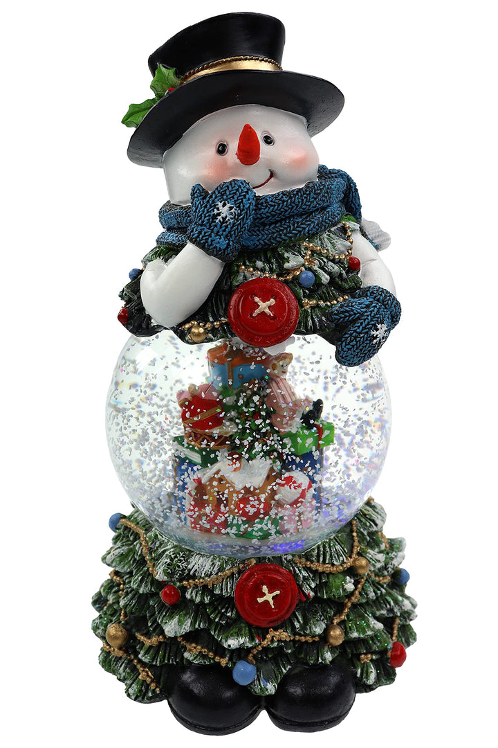 Schneekugel/Spieluhr 100mm, Schneemann und geschmückter Tannenbaum, Licht, Schneeantrieb, 23cm