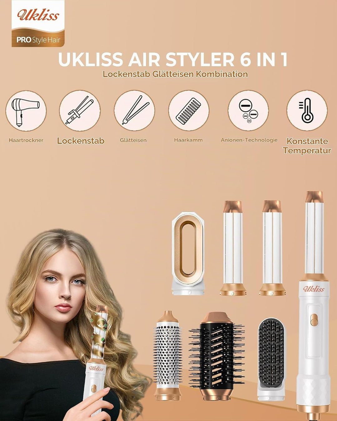 UKLISS Airstyler 6 in 1, Haarstyler &amp; Haartrockner mit Automatisch Wrap Lockenstab, Hair Dryer, Ther