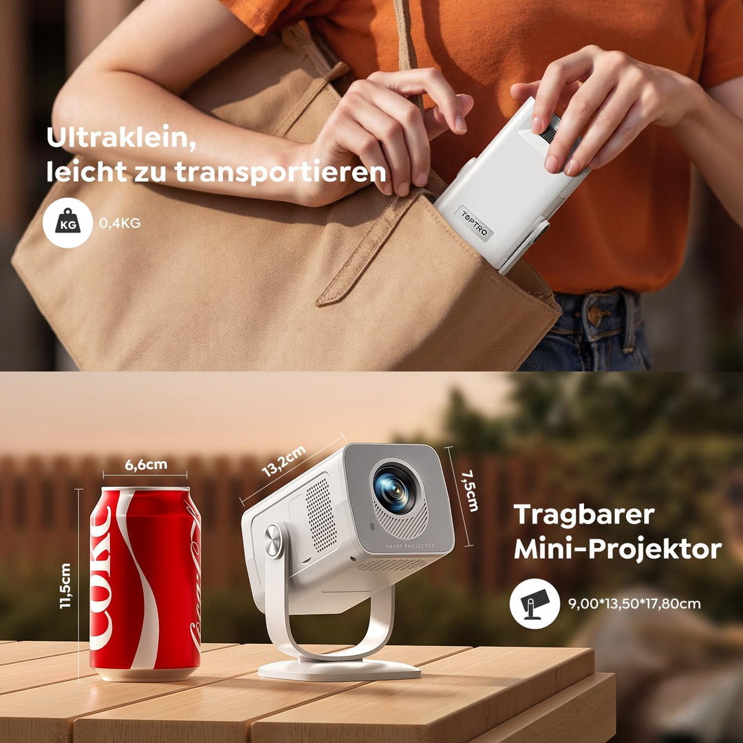 Mini Beamer 4K Unterstützt [Android 14 &amp; App Steuerung] WiFi 6 BT 5.4 | 270° Dreh Smart Beamer Klein