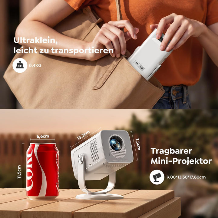 Mini Beamer 4K Unterstützt [Android 14 &amp; App Steuerung] WiFi 6 BT 5.4 | 270° Dreh Smart Beamer Klein