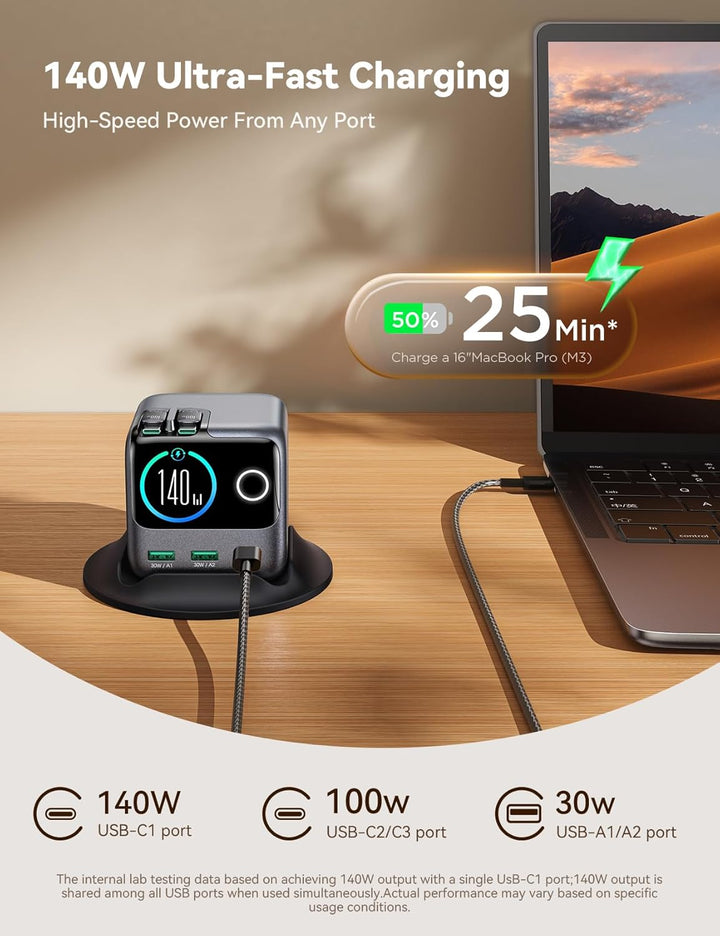JOYROOM PODIX 140W 5‑in‑1 GaN Ultra Ladelstation, USB‑C Schnellladegerät mit 2 retraktablen 100W Kab