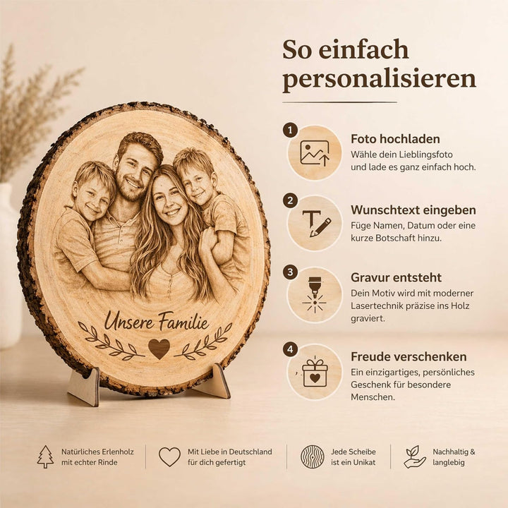 Baumscheibe mit Gravur personalisiert ab 13 cm - Holzscheibe mit Foto & Text - Fotogeschenke für Hoc