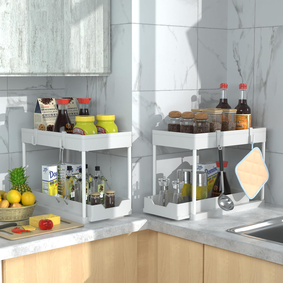 DEKAVA Küchen Organizer, 2 Unter Waschbecken Regal, Schrank Küchenorganizer mit 4 Haken, Schrankkorb