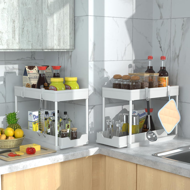 DEKAVA Küchen Organizer, 2 Unter Waschbecken Regal, Schrank Küchenorganizer mit 4 Haken, Schrankkorb