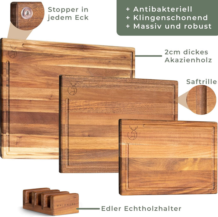 WALDWERK Schneidebrett 3er Set (40x30 / 33x24 / 26x18cm) aus massiver Akazie - Schneidebretter mit B