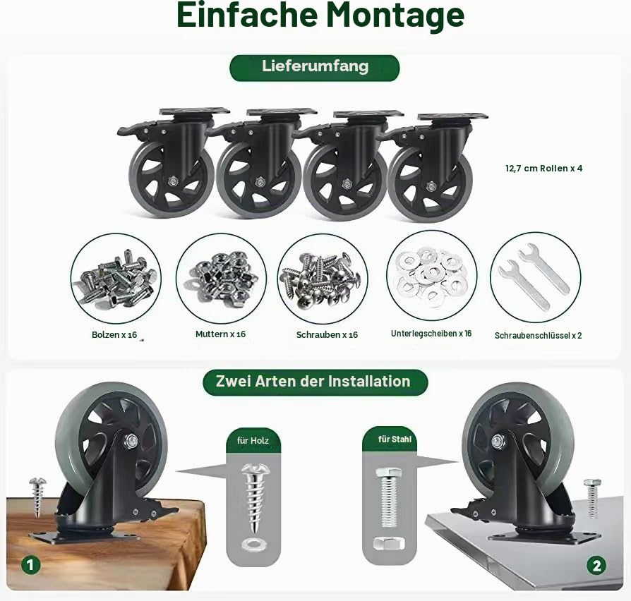 Möbelrollen mit Bremse 125MM Lenkrollen, 4 Stück Schwerlastrollen inkl. Montagezubehör, Transportrol