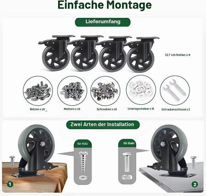 Möbelrollen mit Bremse 125MM Lenkrollen, 4 Stück Schwerlastrollen inkl. Montagezubehör, Transportrol