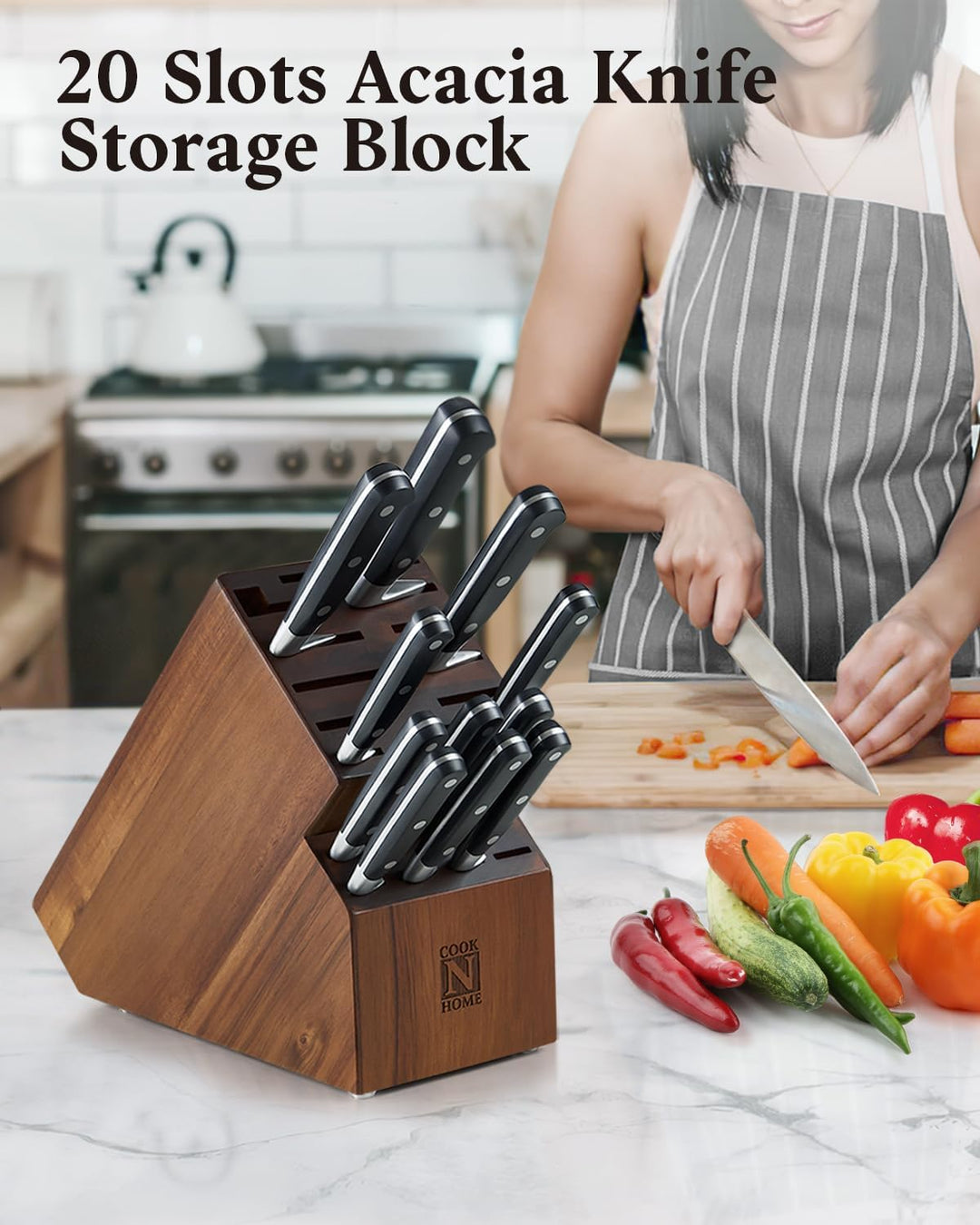 Cook N Home Messerblock aus Akazienholz, ohne Messer, 20 Schlitze, Universal-Messerhalter, Arbeitspl