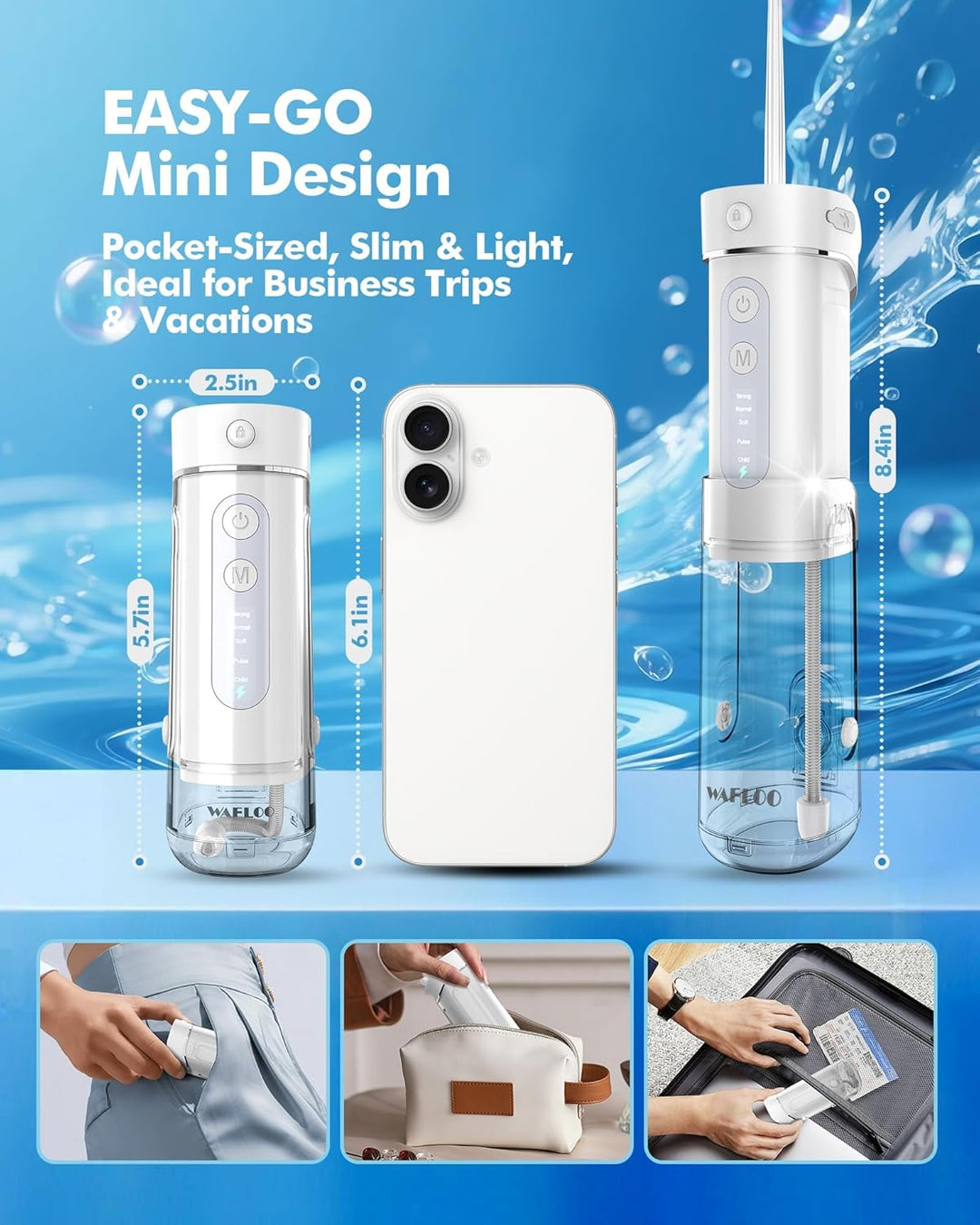 Munddusche Kabellos für Reise, Tragbarer Oral Irrigator mit Teleskop-Wassertank, 5 Reinigungsmodi, 4