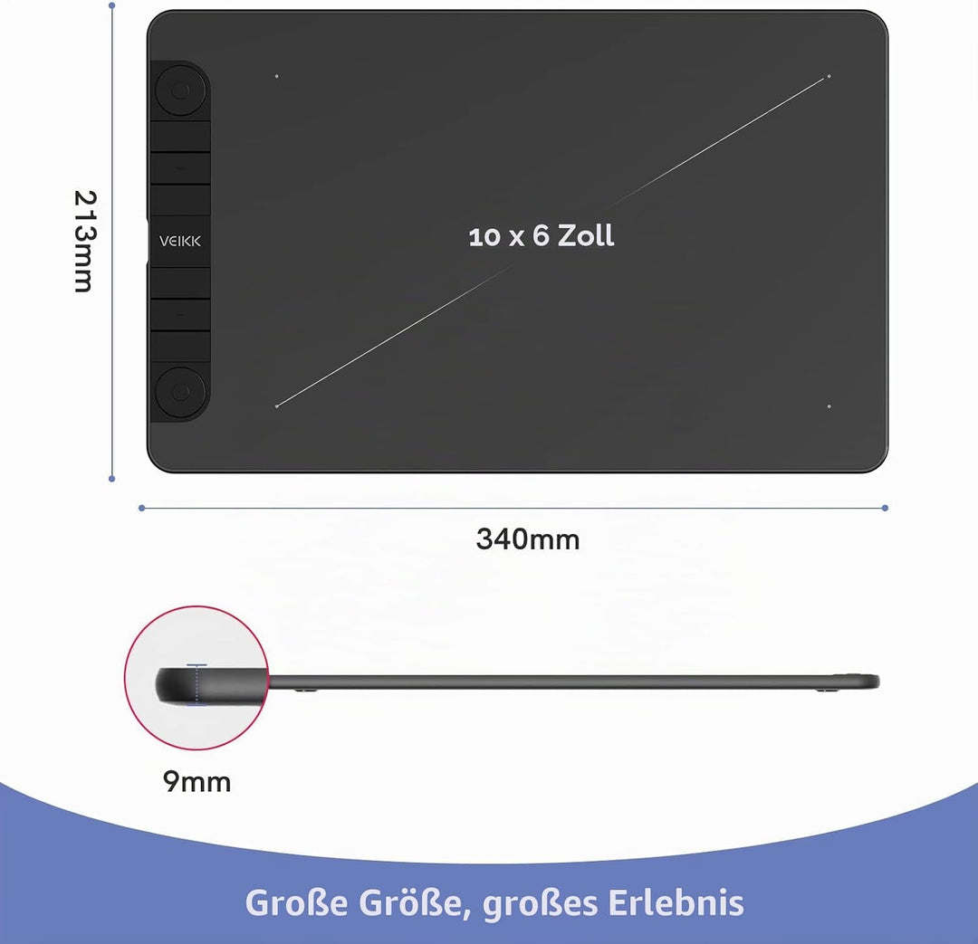 Grafiktablett VEIKK VK1060PRO, Doppeltes Einstellrad-Design 10x6 Zoll Zeichentablett mit 8192 Drucks