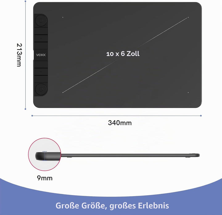 Grafiktablett VEIKK VK1060PRO, Doppeltes Einstellrad-Design 10x6 Zoll Zeichentablett mit 8192 Drucks