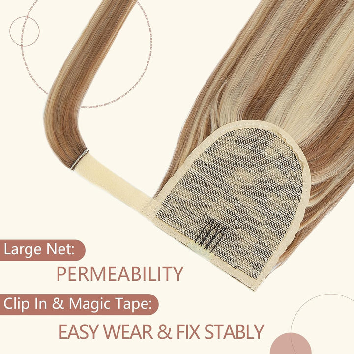 Elailite Ponytail Extension Echthaar #12P613 Goldbraun mix Bleichblond, Haarverlängerung Zopf Haarzo