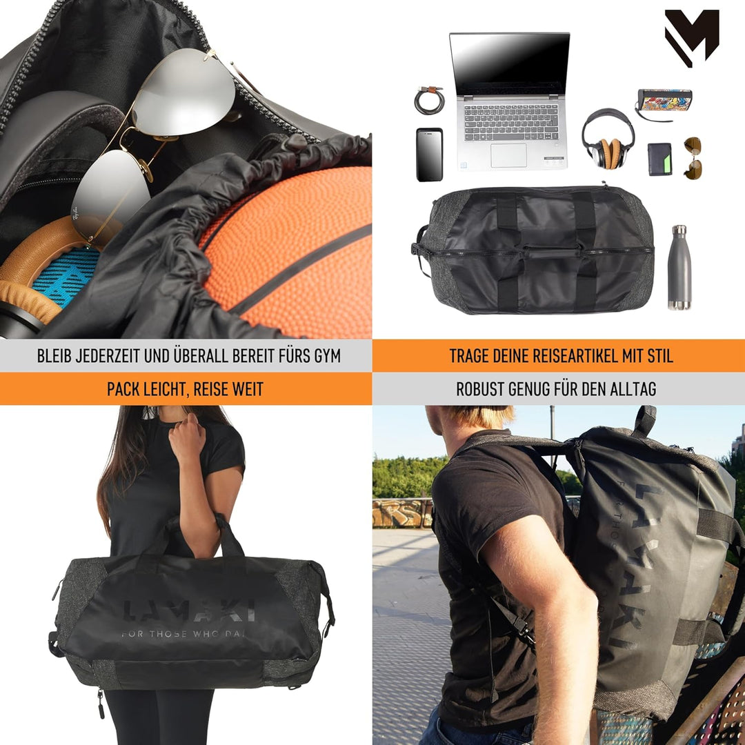 Lamaki Sporttasche Herren & Damen 45L Duffle Bag - Multifunktional 2-in-1 Sporttasche mit Rucksackfu