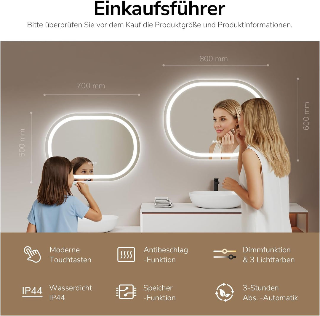 EMKE Badspiegel mit Beleuchtung 60x80cm Oval Spiegel mit Touch-Schalter/3 Lichtfarbe Dimmbar/Antibes