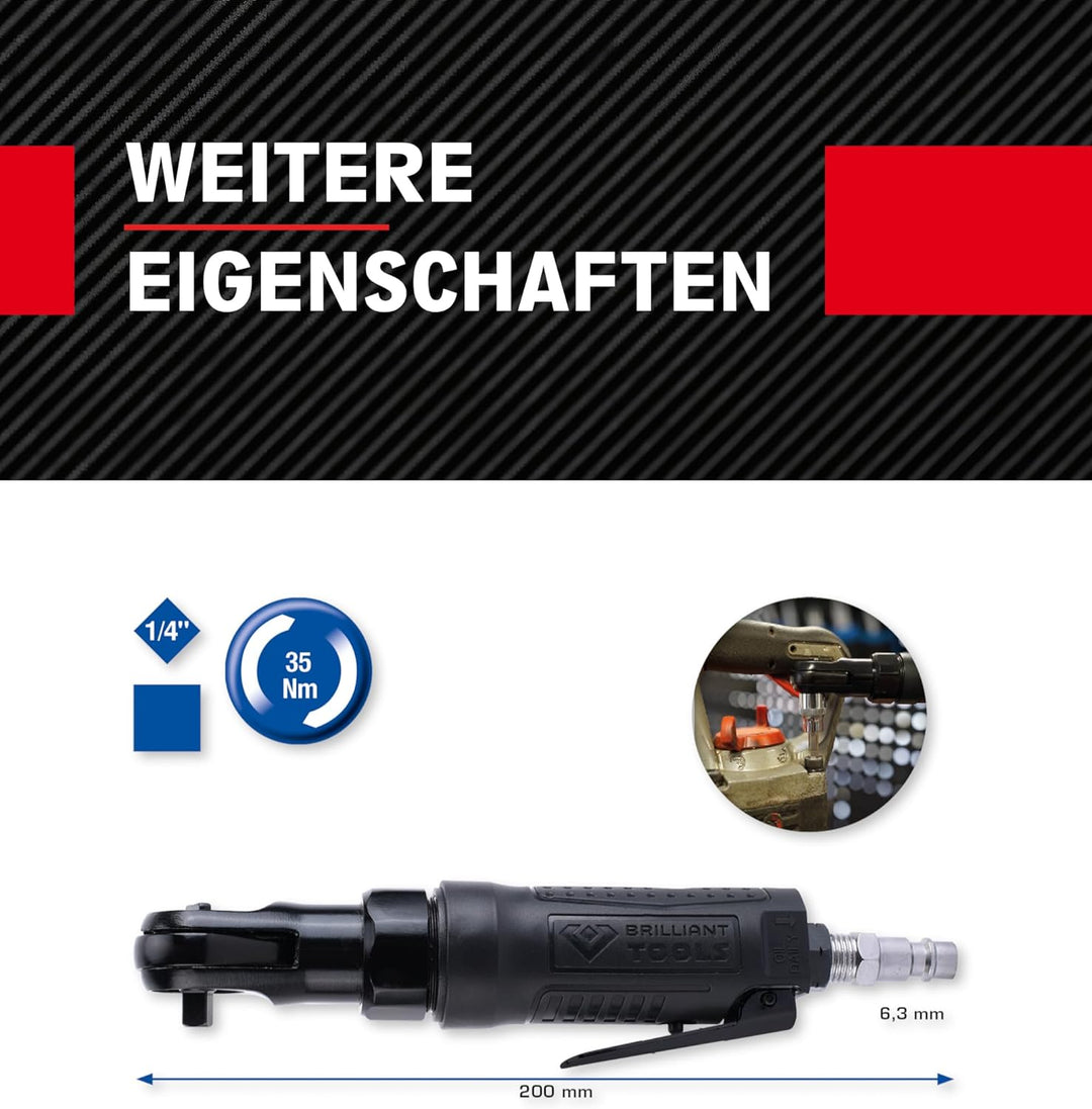 BRILLIANT TOOLS Druckluft Ratsche 1/4" BT160601 35 Nm I Umschaltratsche mit Vierkantantrieb nach DIN