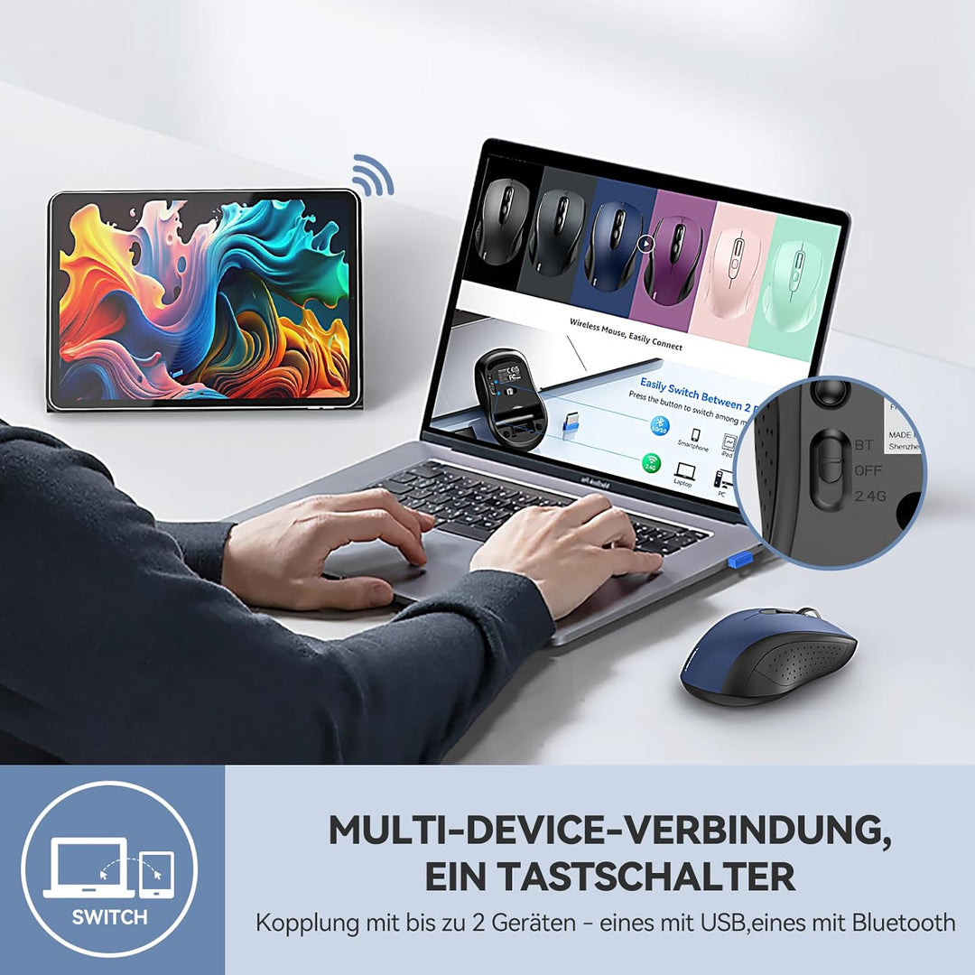 TECKNET Bluetooth Maus, 4000 DPI Maus Kabellos (Tri-Mode: BT 5.0/3.0+2.4GHz) Funkmaus mit USB-Empfän