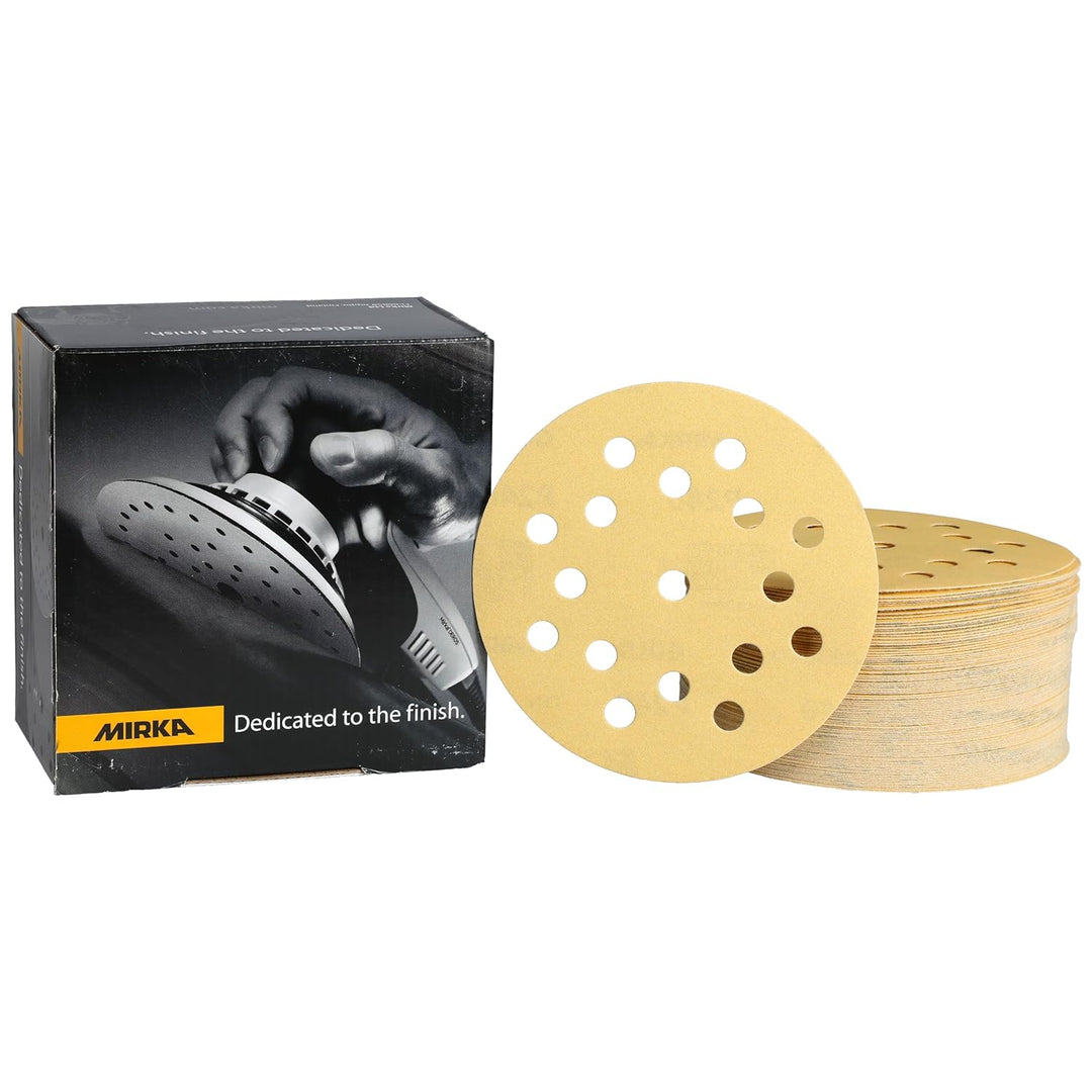 Mirka Gold Universal-Schleifpapier Ø 125mm Klett 17-Loch, Korn P240, 100 Stk / Zum Schleifen von Gip