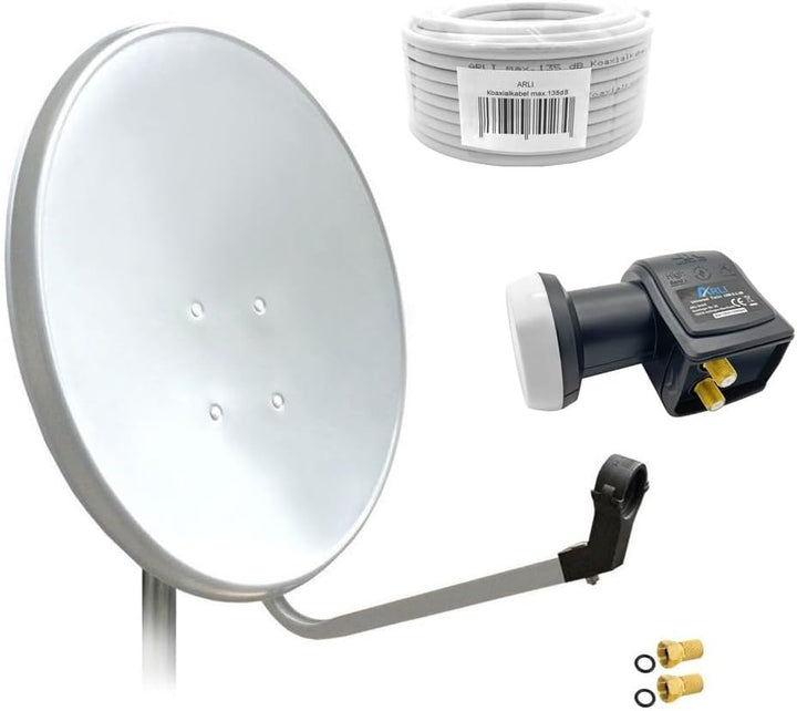 60cm HD Sat Anlage Twin LNB + 50m Koaxialkabel 135dB + 2 F-Stecker Digital 2 Teilnehmer Antenne Weis