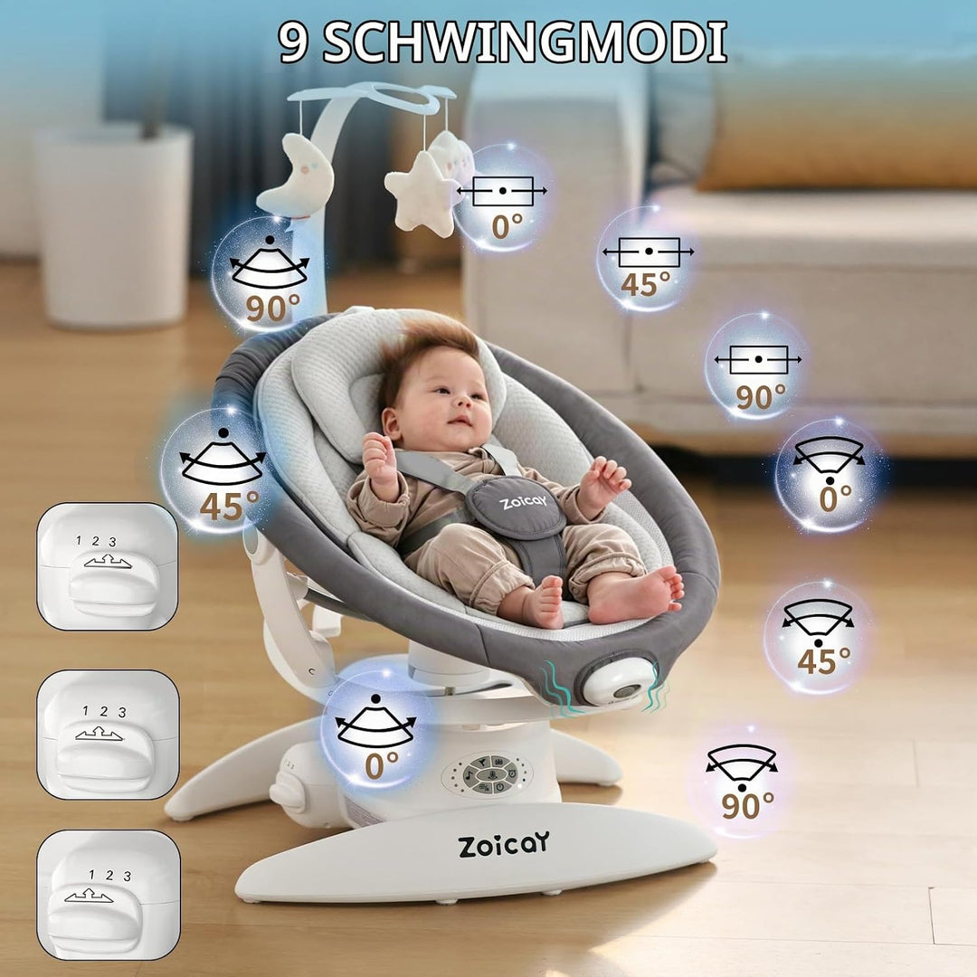Baby wippe Zoicay 3-in-1 Babywippe Elektrisch für Neugeborene mit 9 modi 360° Drehbar und Schaukel A