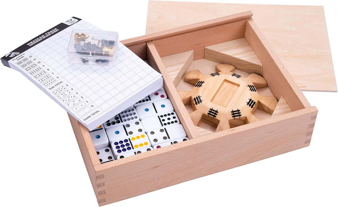 Engelhart - Domino Mexikanischer Zug D12 Deluxe in Einer Box aus Buchenholz + Punkteblock + Bahnhof