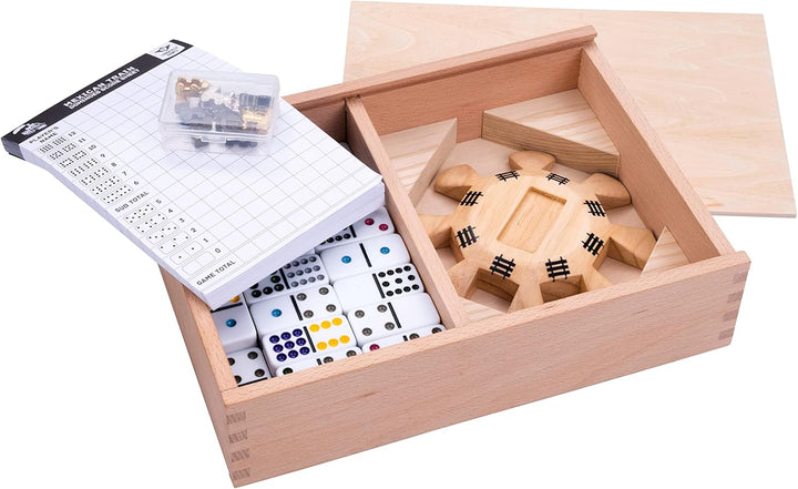 Engelhart - Domino Mexikanischer Zug D12 Deluxe in Einer Box aus Buchenholz + Punkteblock + Bahnhof