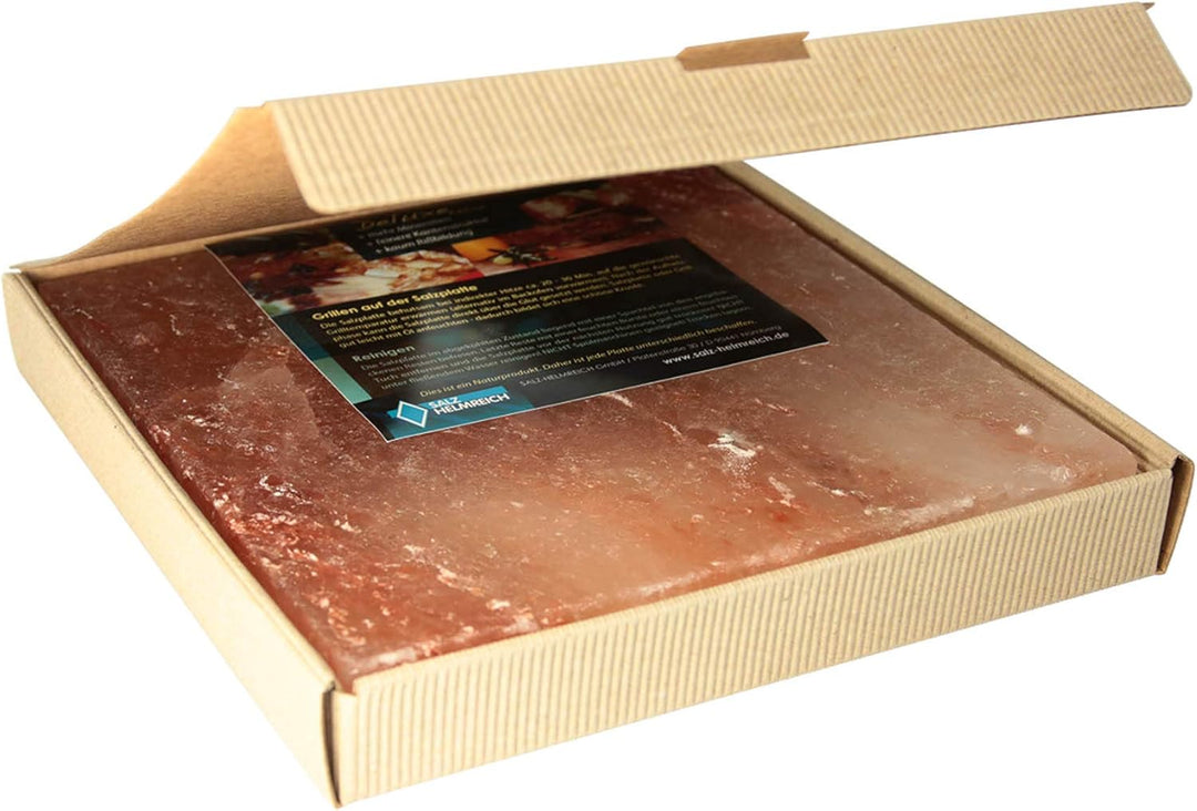 1 Salzstein (im fertigen Geschenkkarton) BBQ Salzplatte zum Grillen (2.2kg) 20x20x2,5cm; Salzhändler