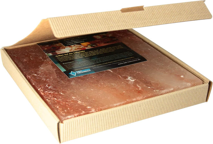 1 Salzstein (im fertigen Geschenkkarton) BBQ Salzplatte zum Grillen (2.2kg) 20x20x2,5cm; Salzhändler