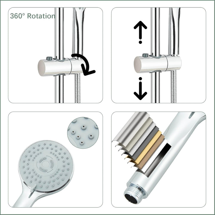 Duschset mit Handbrause Edelstahl Duschstange 62 cm mit Duschkopfhalter, Brausestangeset mit 1,5m Sc
