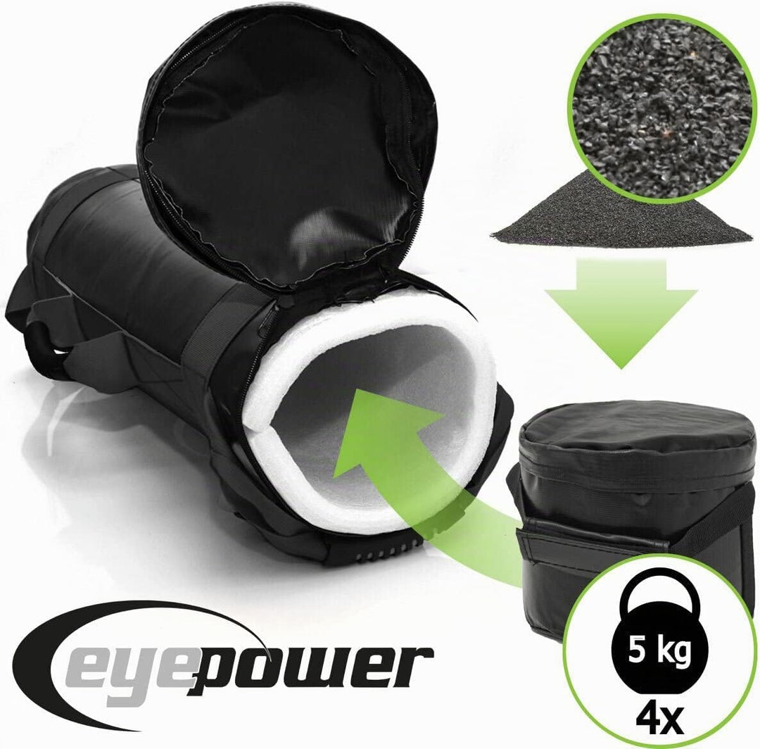 eyepower 20kg Profi Power Bag + 4 Wasserdichte Kettlebell Gewichte mit Eisensand - Besser als Geräte