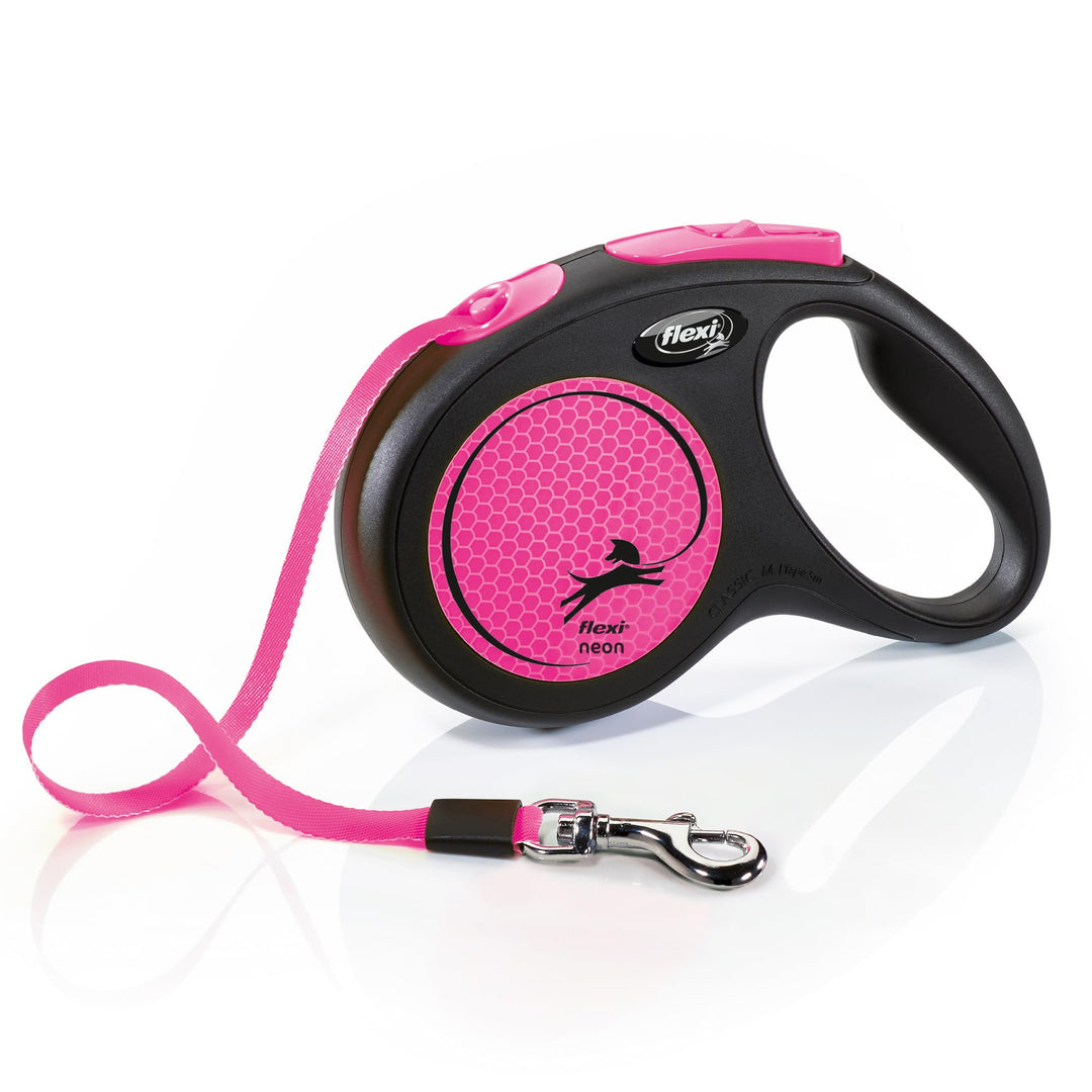 flexi® Neon M Gurt 5 m schwarz, neon-Pinker Gurt, reflektierende Seitenfläche, Roll-Leine für Hunde