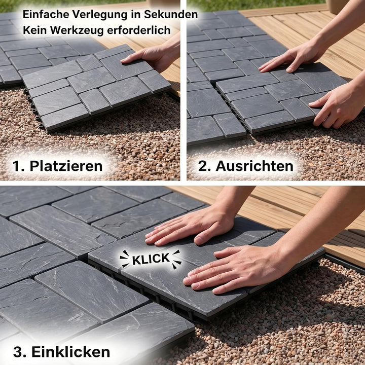 BodenMax 8-er Set Klickfliesen Terrasse Balkon Boden Gehwegplatten Naturstein SCHIEFER | Klassik Mos