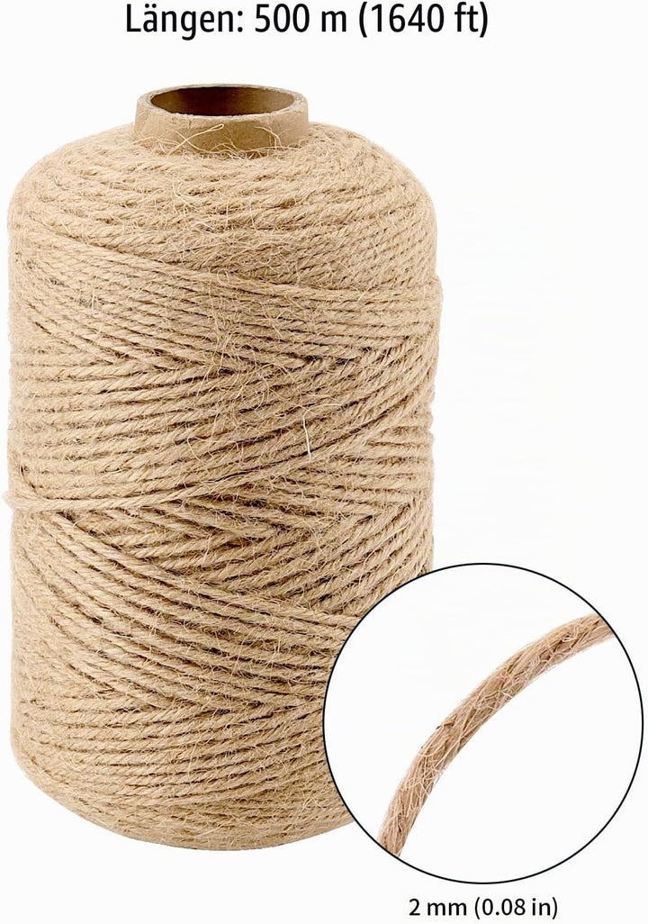3 Stück 500m x 2mm Juteschnur, Jute Kordel Juteseil geflochten, Garten Kordel Jute Paketschnur Baste
