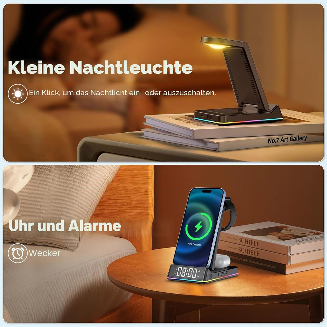 5 in 1 Ladestation Apple Watch und iPhone, Wireless Charger Induktive Ladestation iPhone mit Uhr LED