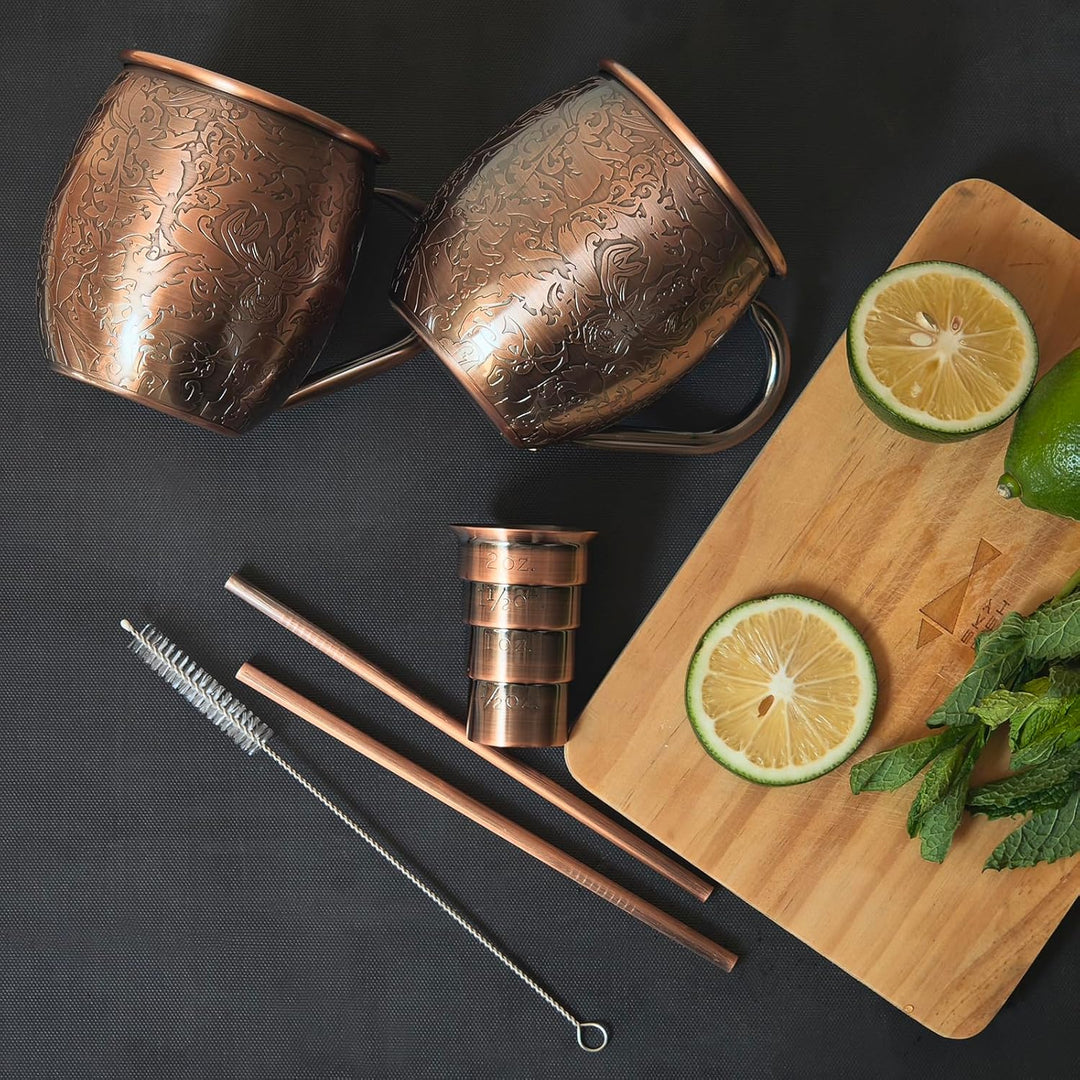 SKY FISH Moscow Mule Becher 2er Set, 3D Geprägte Cocktailgläser, 500 ml Edelstahl Weingläser, Handwä
