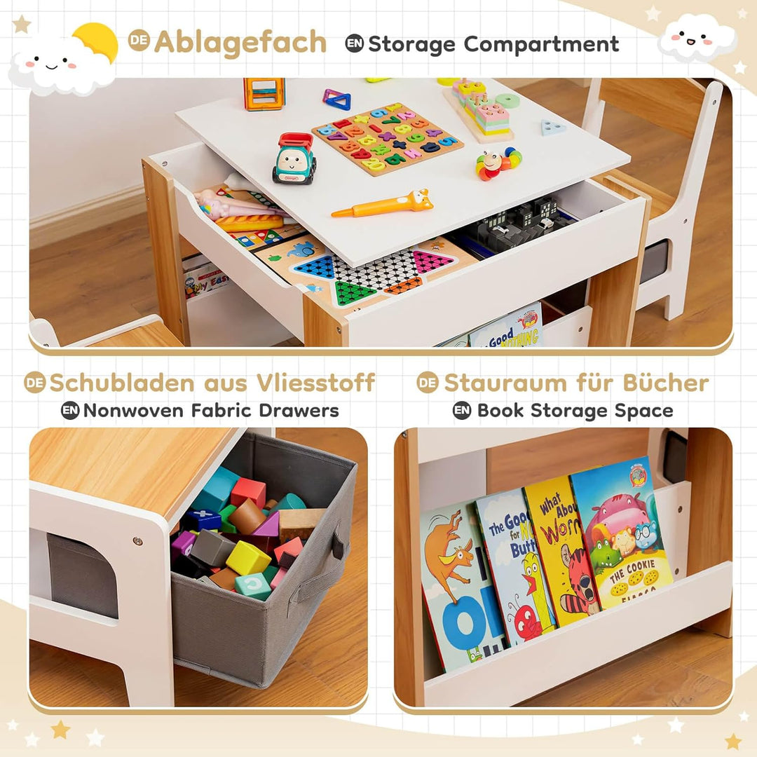 Yorbay Kindertisch mit 2 Stühle, Kindermöbel Set aus Holz mit Stauraum und Bücherregalen, 3 in 1 Mal