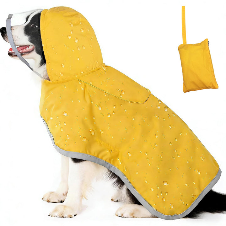 Regenmantel Hund Wasserdicht M–XL – Gelber Hunderegenmantel mit Kapuze, Reflektierende Streifen, Ver