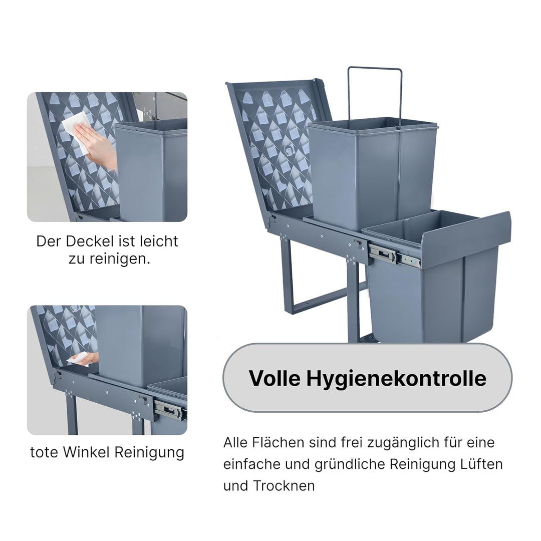 Einbaumülleimer Küche 2 Fächer (2x15L) – Mülltrennsystem,5-Punkt-Verstärkung,ausziehbarer Unterschra