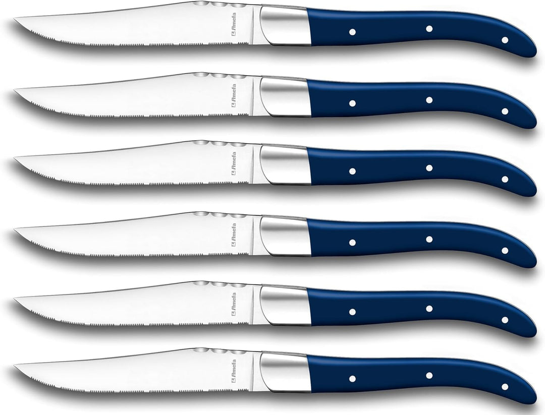 Amefa Lou Laguiole Steakmesser-Set 6-teilig | Griffe Blau | Mikro-Wellenschliff mit langanhaltender