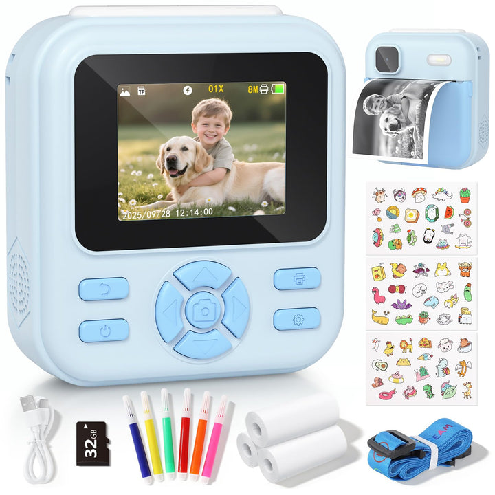 YOHOOLYO Sofortbildkamera Kinder 2,4 Zoll 1080P HD Kinderkamera mit 3 Rollen Druckpapier 32GB Karte