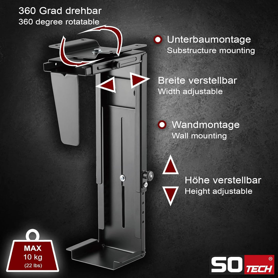 SOTECH PC-Halter I mit 360-Grad-Drehung (Höhenverstellung 285–516 mm, Breitenverstellung 88–203 mm,
