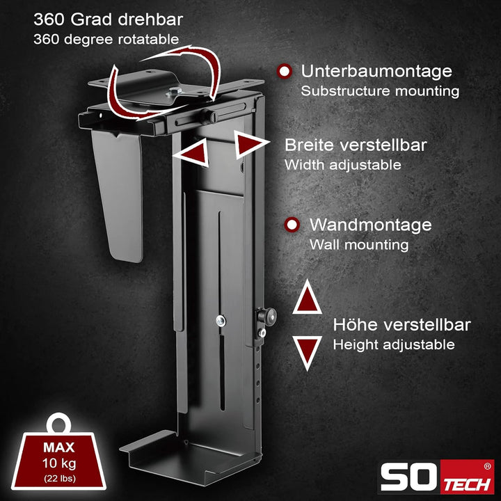 SOTECH PC-Halter I mit 360-Grad-Drehung (Höhenverstellung 285–516 mm, Breitenverstellung 88–203 mm,
